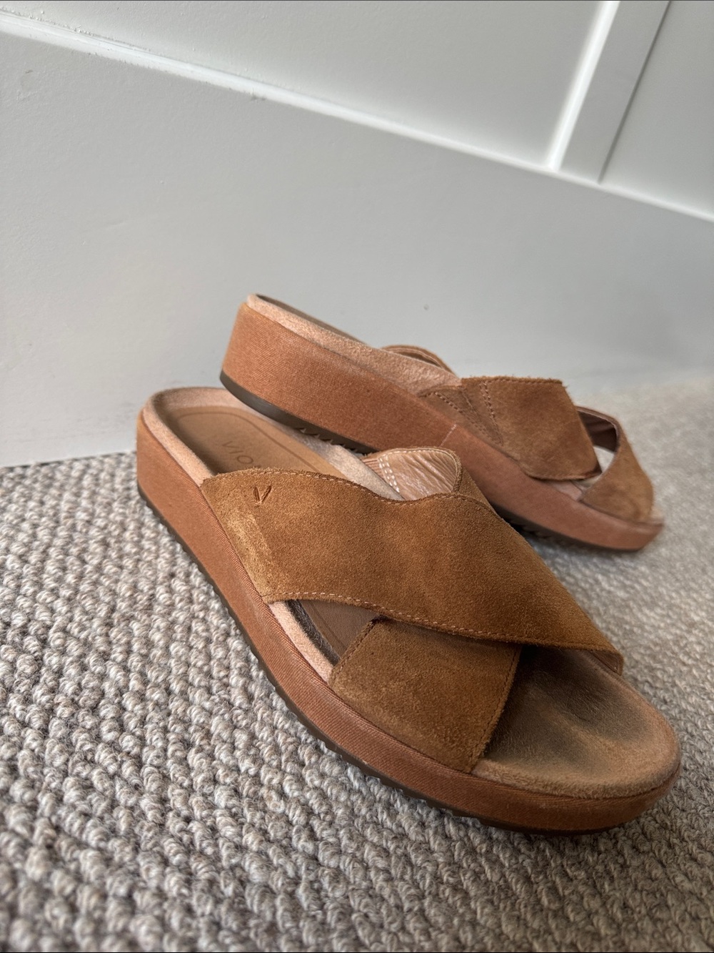 Vionic Suede Crisscross Platform Sandals - Tan Brown